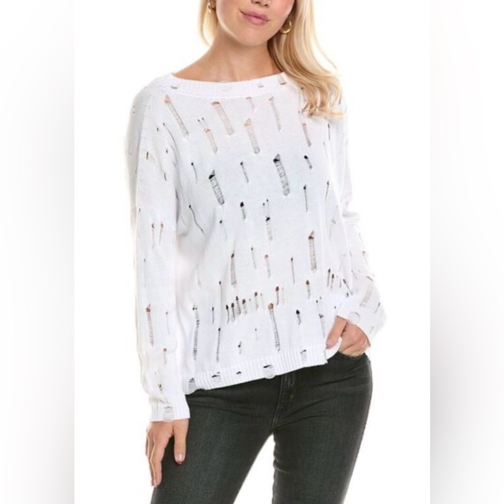 Planet by Lauren G White Pima Cotton Undone Distressed Boatneck Sweater.  Sz L
